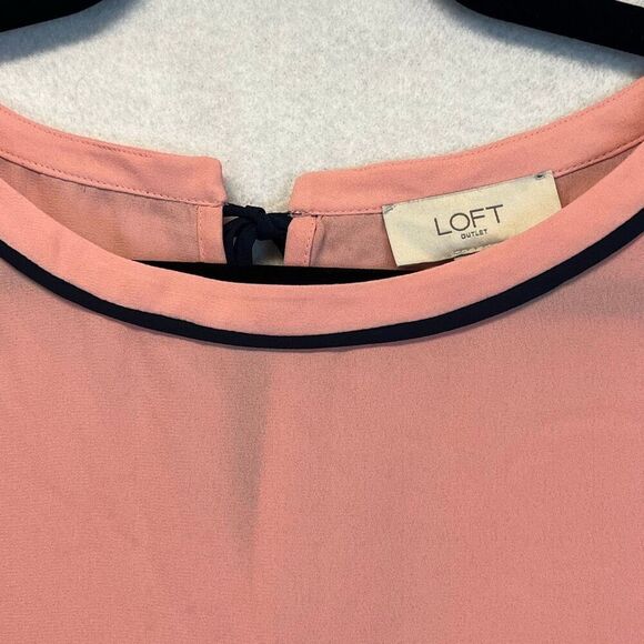 LOFT Blouse Size Large Pink Black Trim Tie Neck Sleeveless Top Crew Neck Pretty - Picture 3 of 11